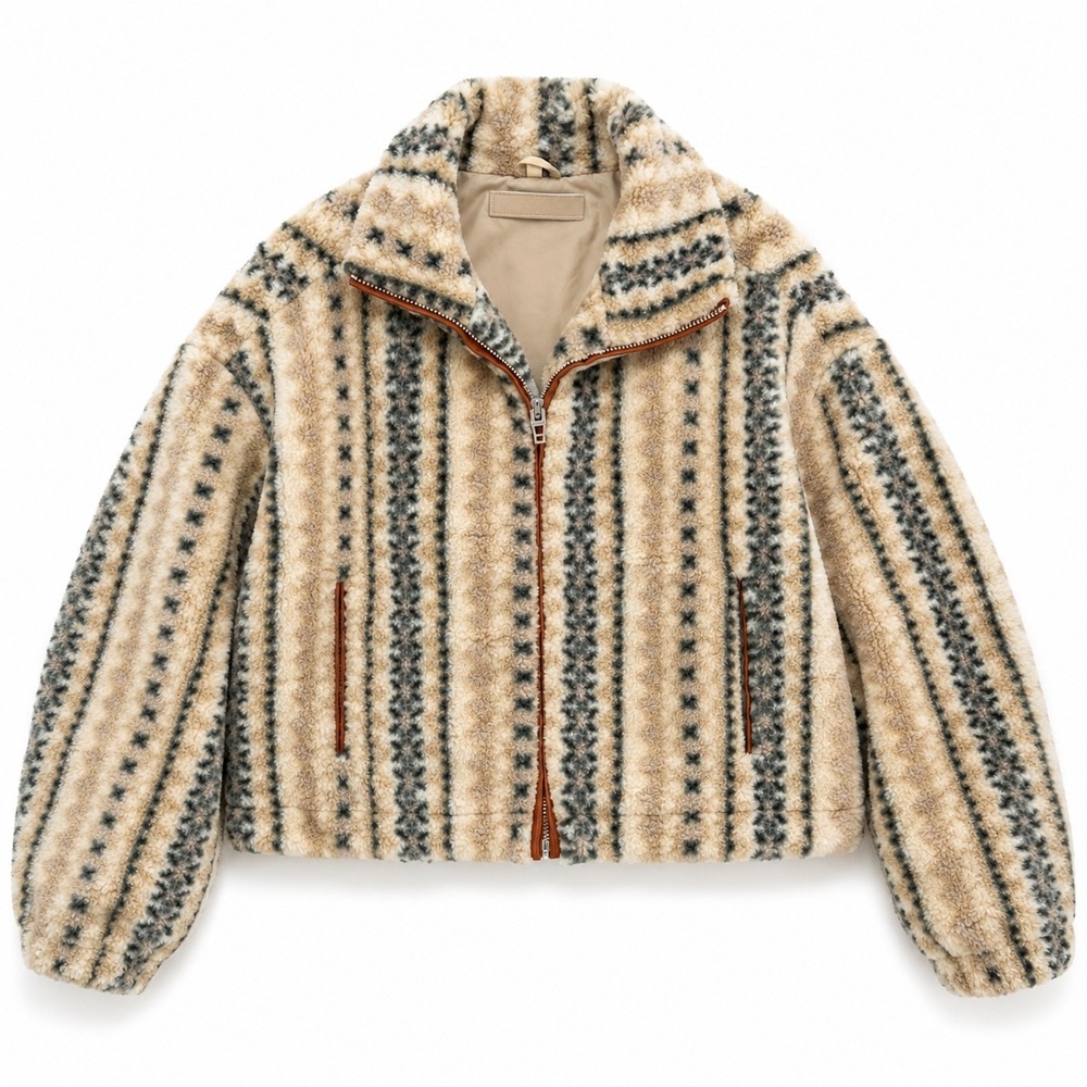 BlankNYC Faux Fur Cropped Jacket Tan Black Geometric Zip Up Sherpa Coat S